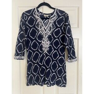 Sulu Collection Navy Blue Embroidered Beaded Tunic Top Sz 6 Boho Resort Caftan
